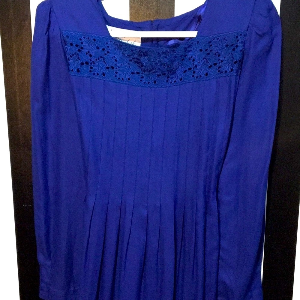 Vintage 80s Royal Blue Prairie Dress Modest Long Sleeve Size 12 Woman’s Large XL - Picture 14 of 17